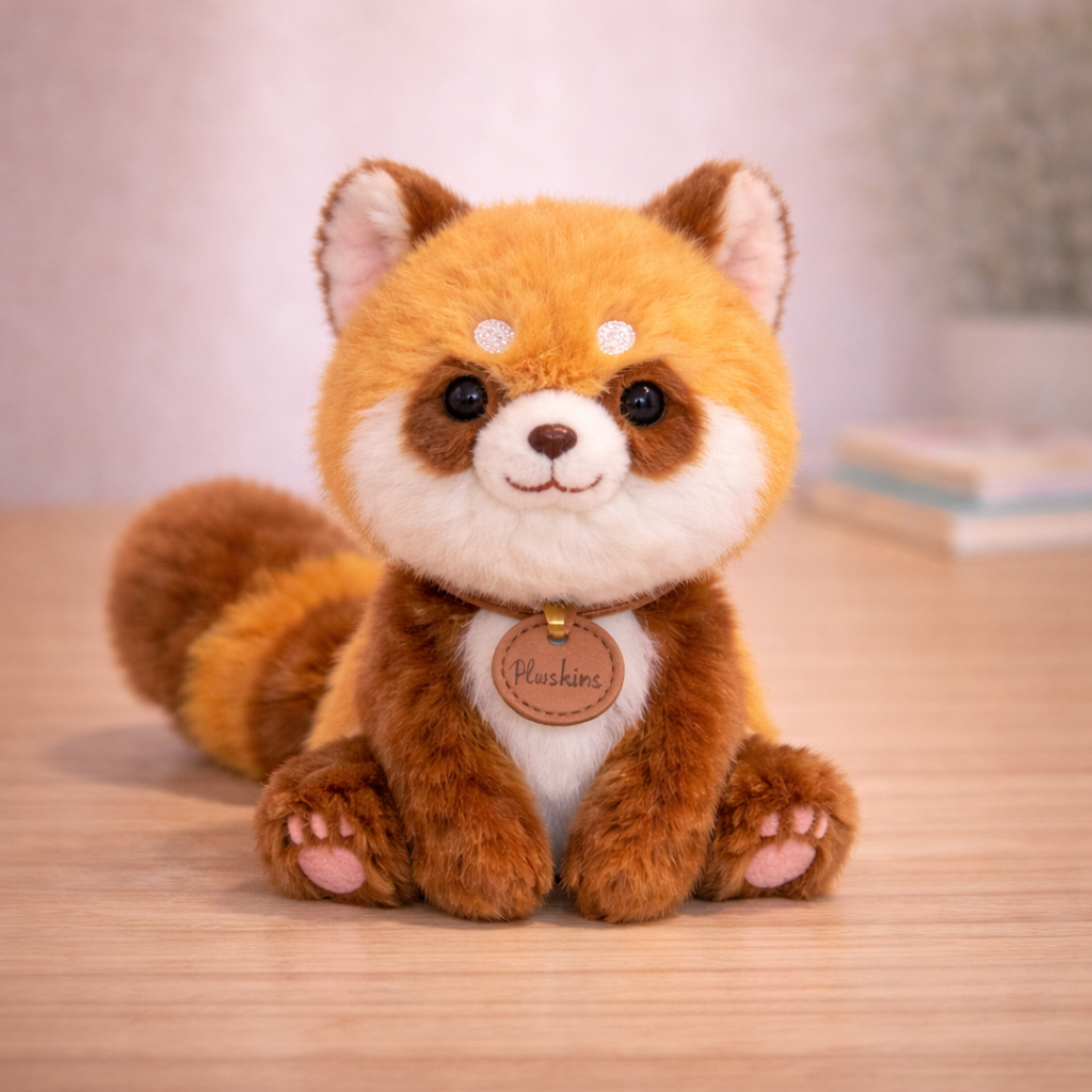 Plush toy red panda with a name tag on a wooden surface