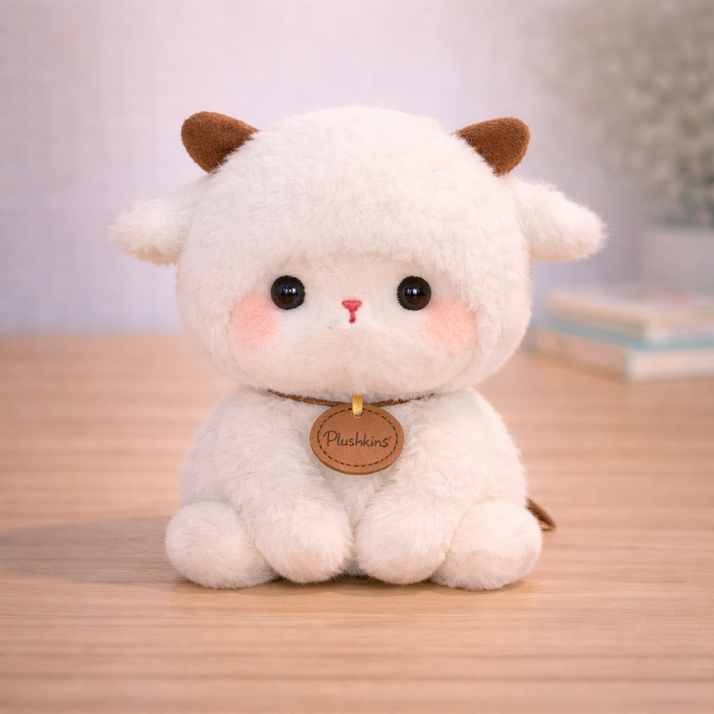 Cute plush sheep toy with a brown tag on a wooden surface