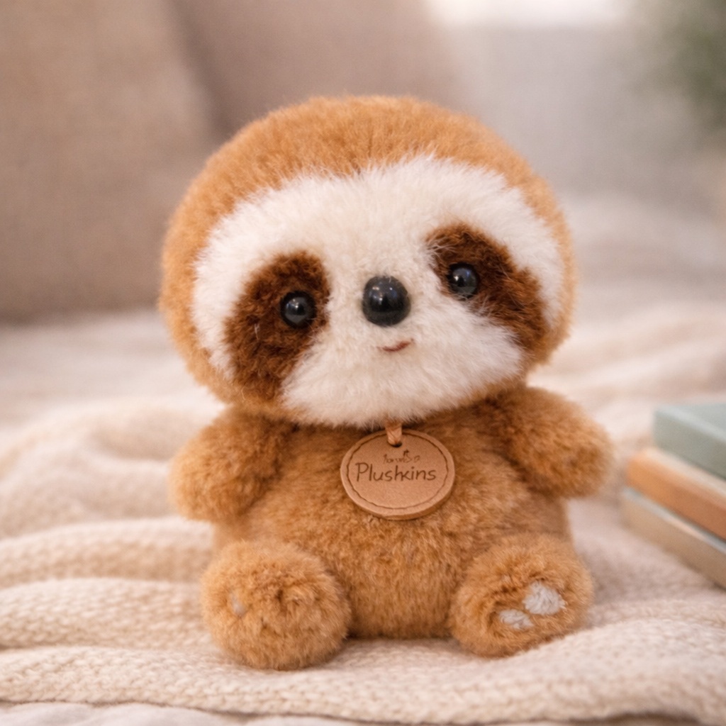 Plush toy sloth with a 'Plushkins' tag on a soft surface