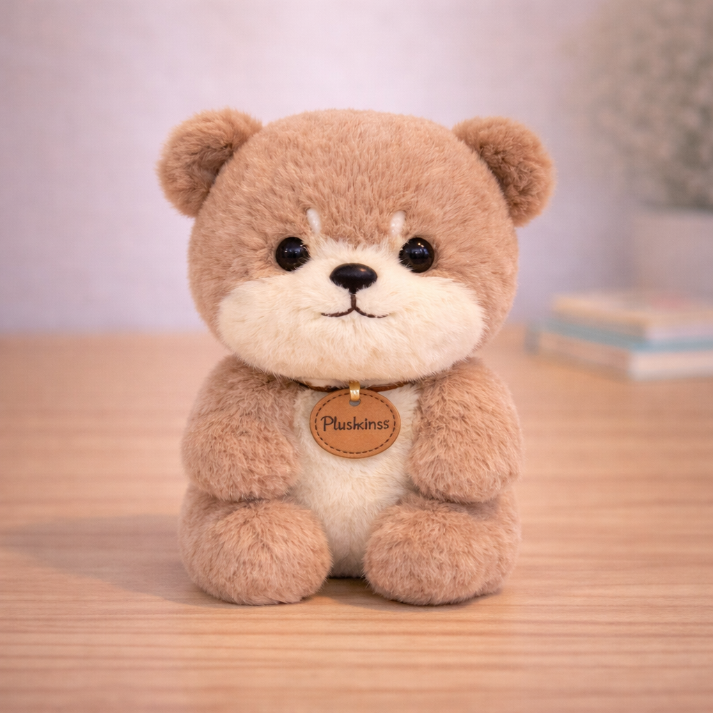 Plush teddy bear with a name tag on a wooden surface