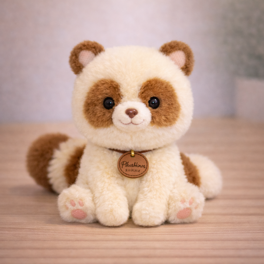 Plush toy resembling a red panda on a wooden surface with a neutral background