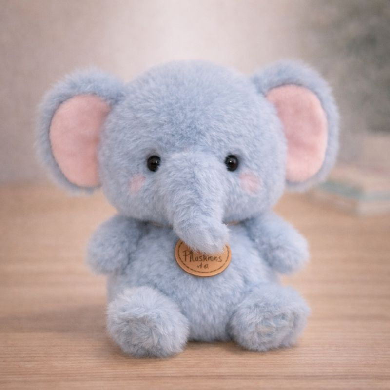 Plush elephant toy with a visible brand tag on a wooden surface