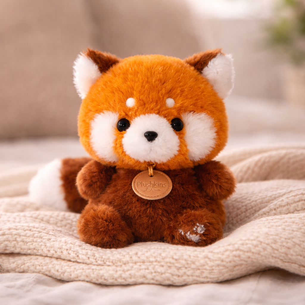 Plush toy red panda sitting on a soft surface with a blurred background