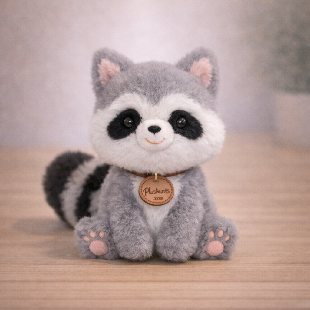 Plush raccoon toy with a name tag on a wooden surface
