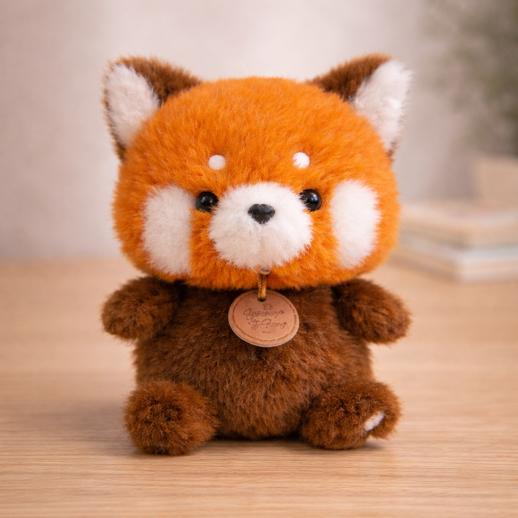 Plush toy resembling a red panda on a wooden surface