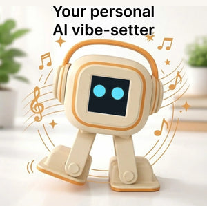 Compact AI robot desktop toy shown on a desk