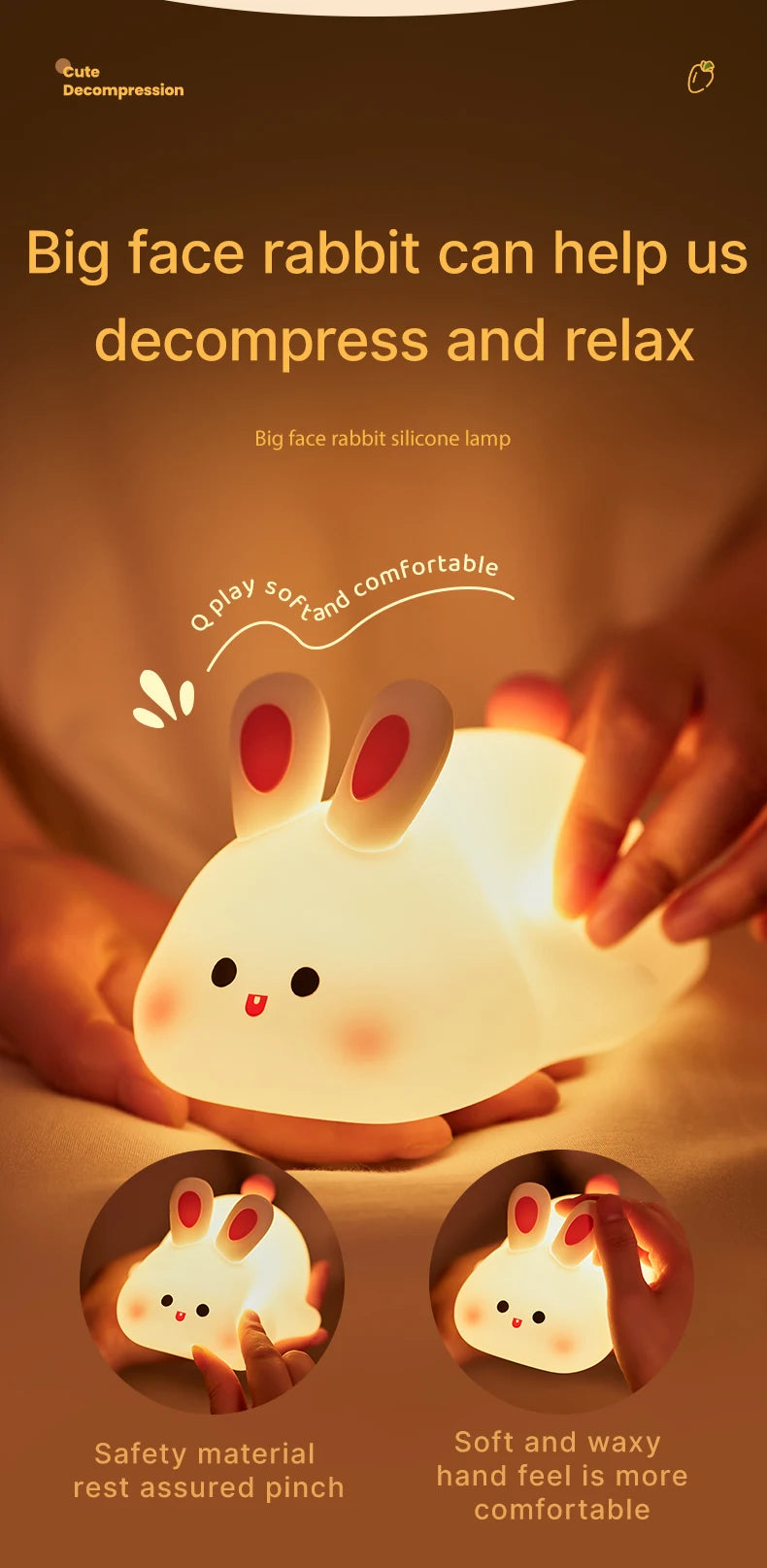Cute Big Face Rabbit Night Light – Soft Silicone Touch Lamp for Kids & Bedroom Decor
