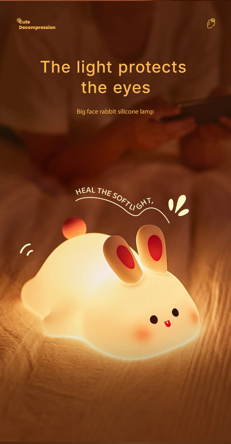 Cute Big Face Rabbit Night Light – Soft Silicone Touch Lamp for Kids & Bedroom Decor