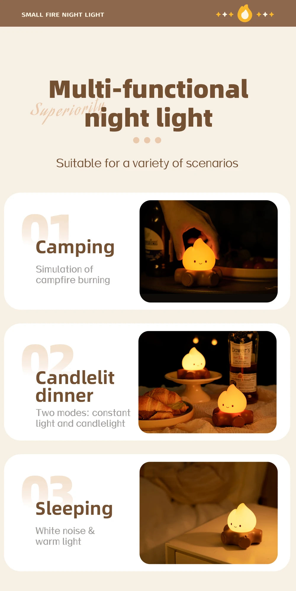 Campfire Night Light with White Noise | LED Desk Lamp for Kids | Creative Room Decoration | Christmas & Birthday Gift