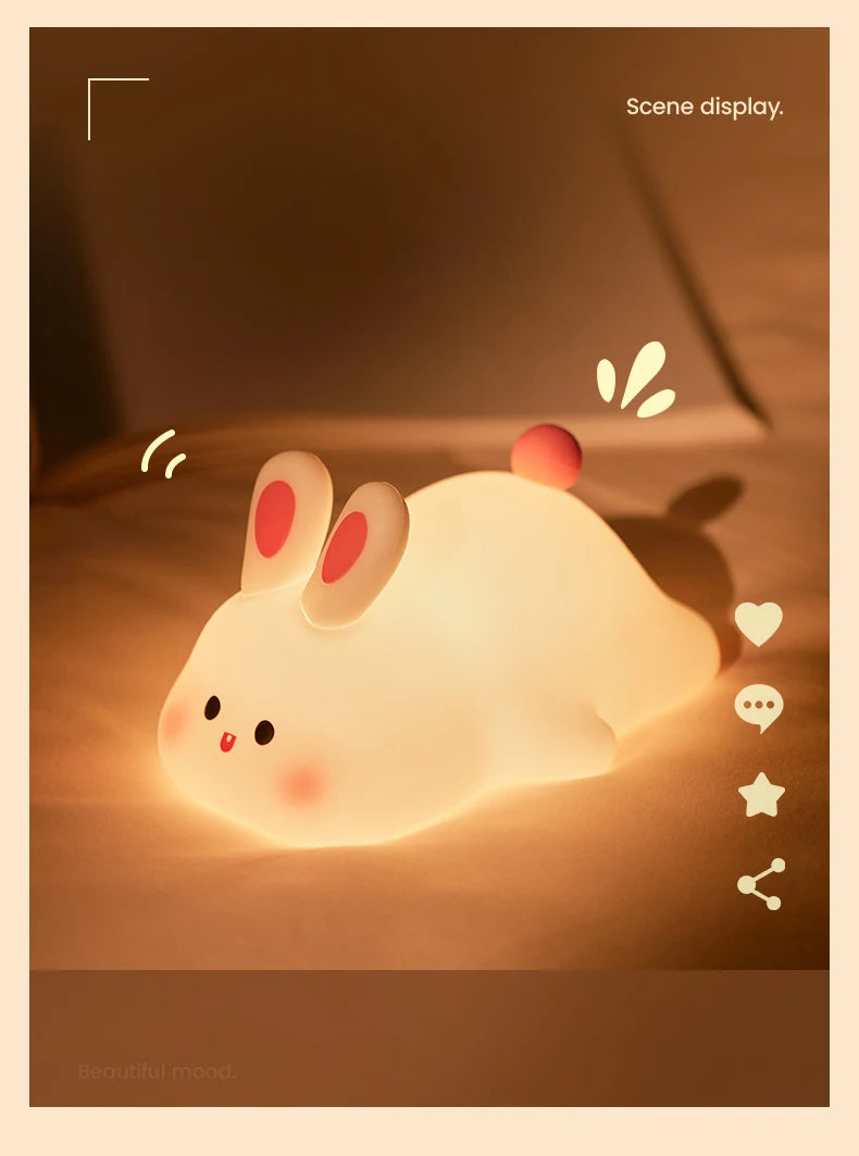 Cute Big Face Rabbit Night Light – Soft Silicone Touch Lamp for Kids & Bedroom Decor