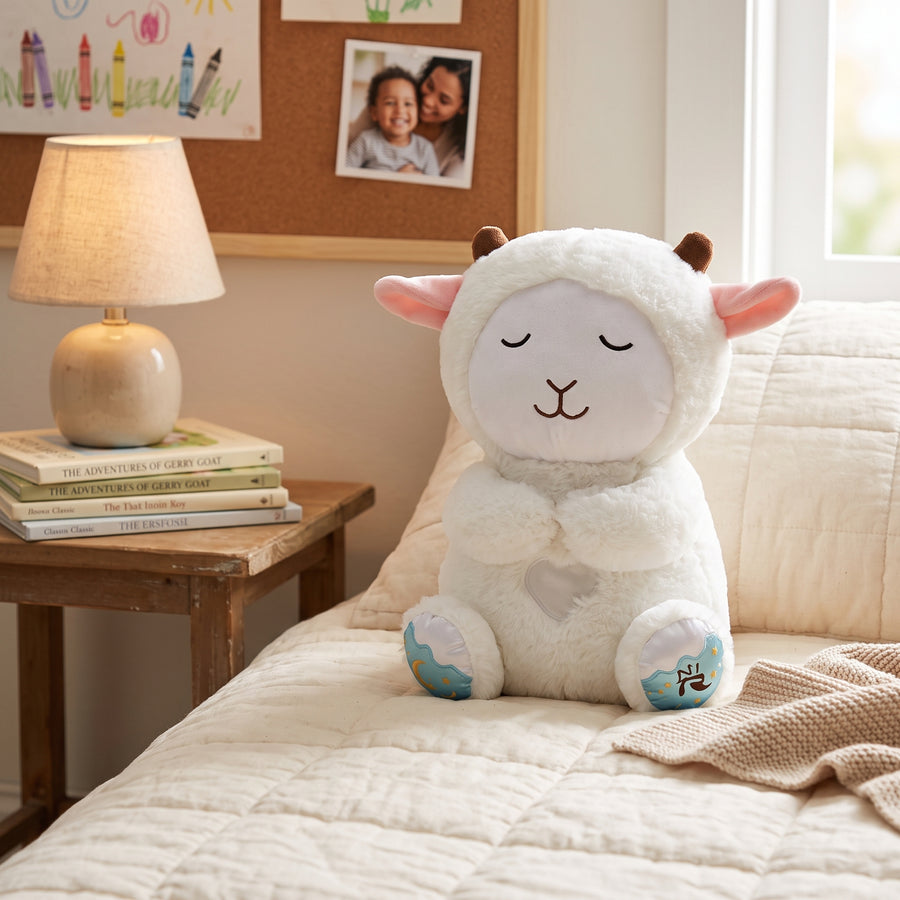A white plush sheep toy with pink inner ears, brown horns, and blue-and-white patterned feet sits on a cream quilted bed in a softly lit bedroom. A wooden bedside table with a lamp and books is visible beside it.