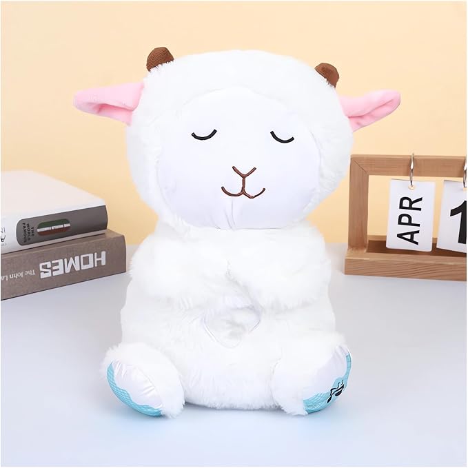 White plush toy with pink ears on a light background