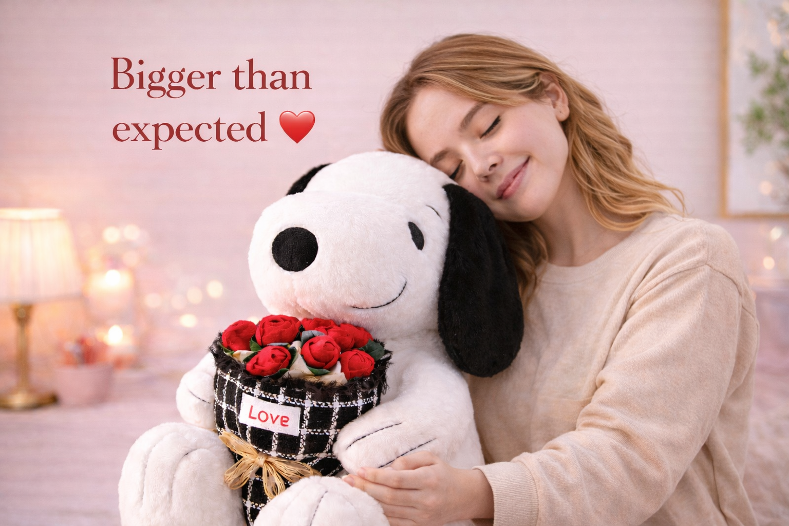 Woman holding a large Snoopy plush toy with a bouquet of roses, surrounded by soft lighting and decor.