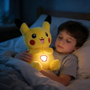 Child holding a glowing Pikachu plush toy in bed at night