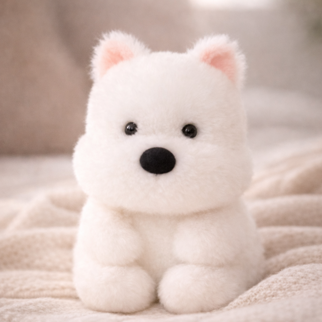 White plush toy resembling a dog on a soft beige background