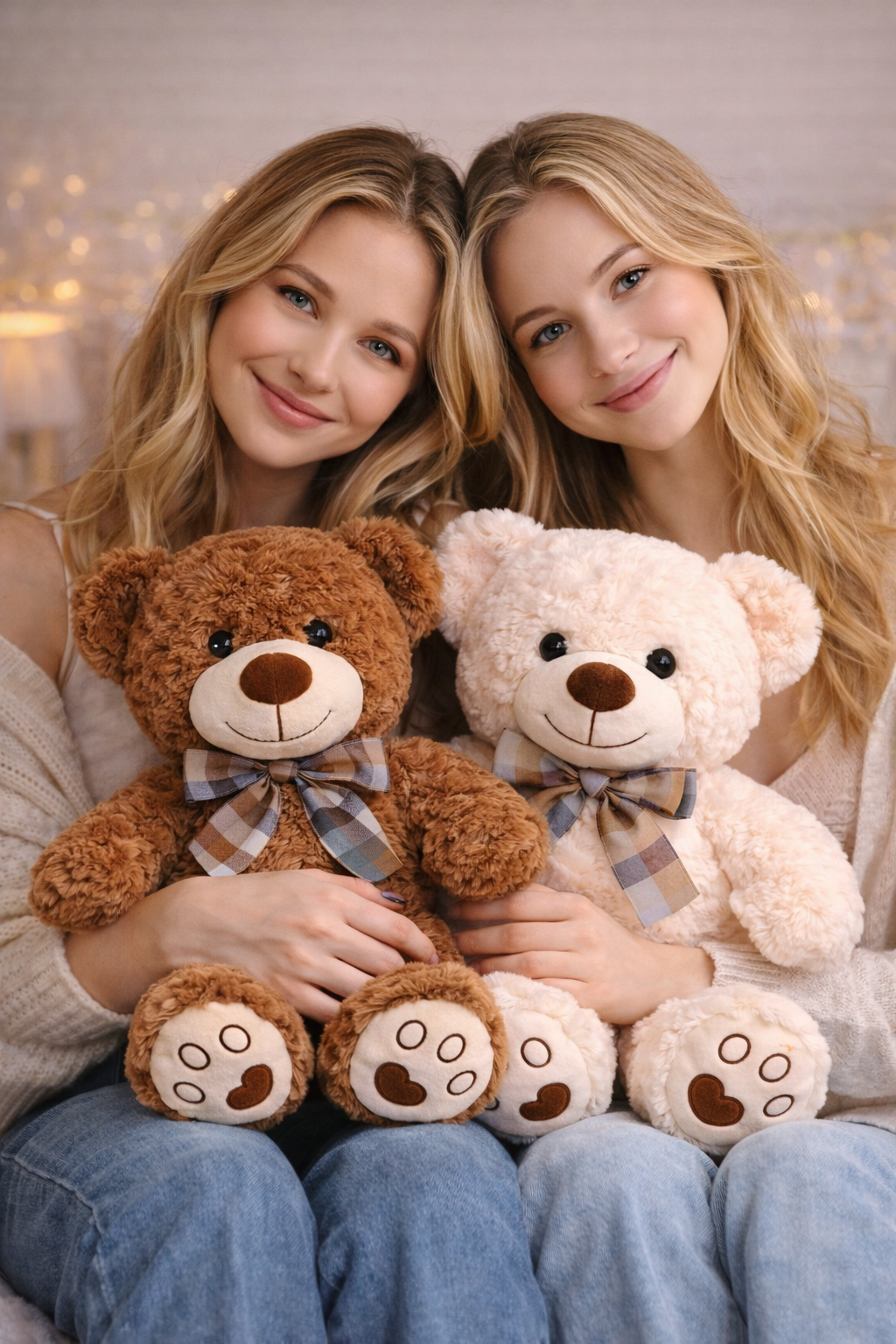 Two women holding teddy bears with a warm, cozy background