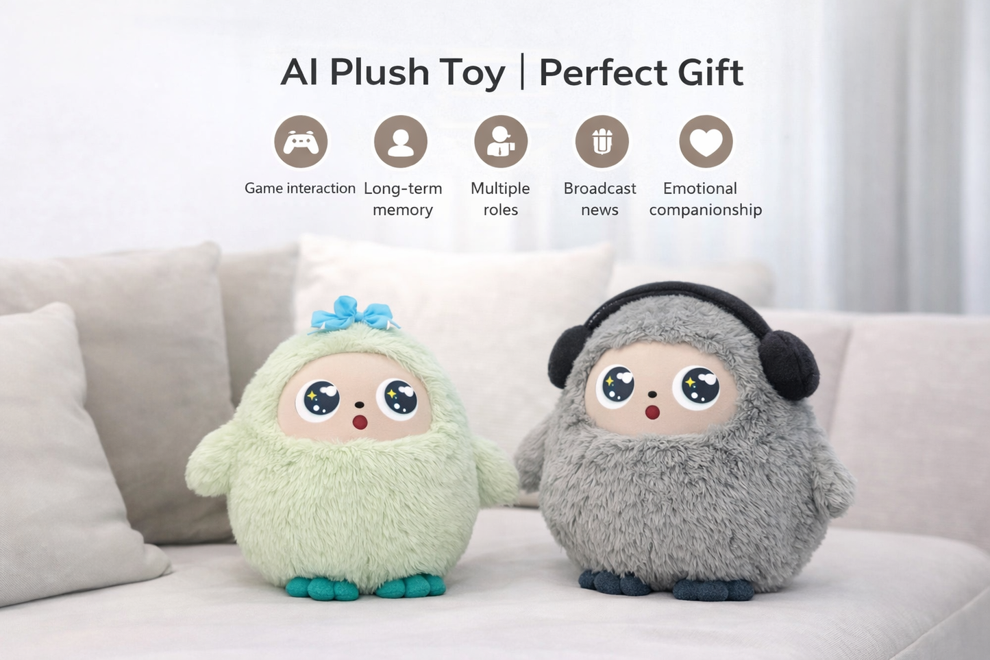 AI plush toy interactive companion sitting on a sofa with LED eyes, designed for emotional comfort and everyday play