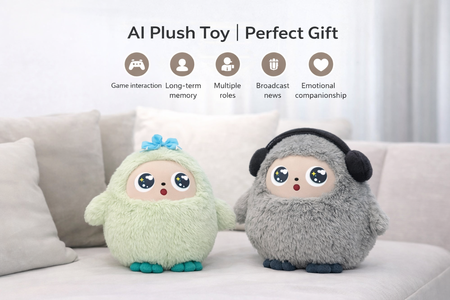 AI plush toy interactive companion sitting on a sofa with LED eyes, designed for emotional comfort and everyday play