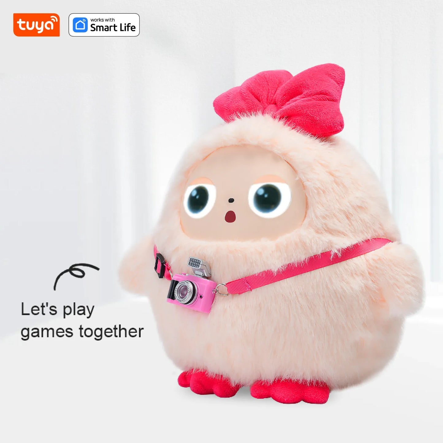 AI plush toy with pink bow and interactive features designed as a cute emotional companion for kids and adults