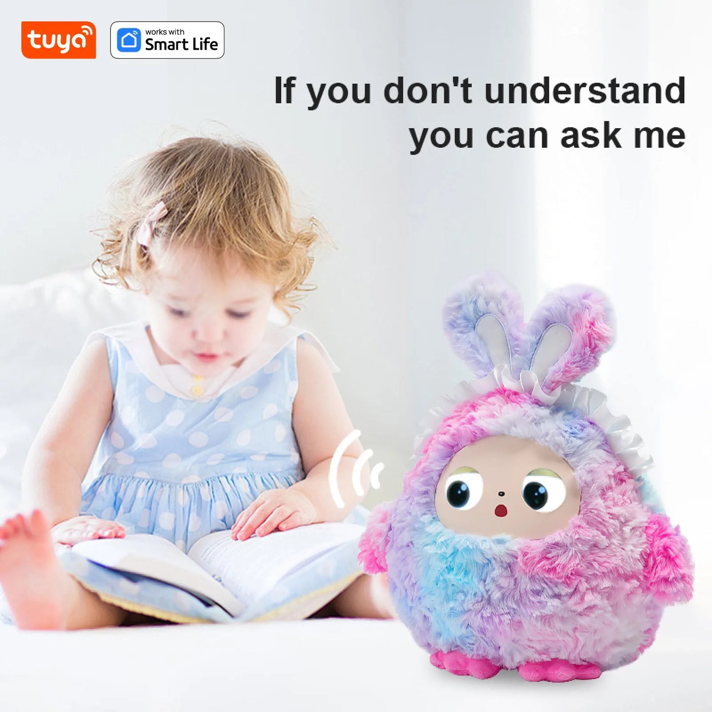 AI plush toy interactive companion sitting next to a child reading, designed for emotional support and learning comfort