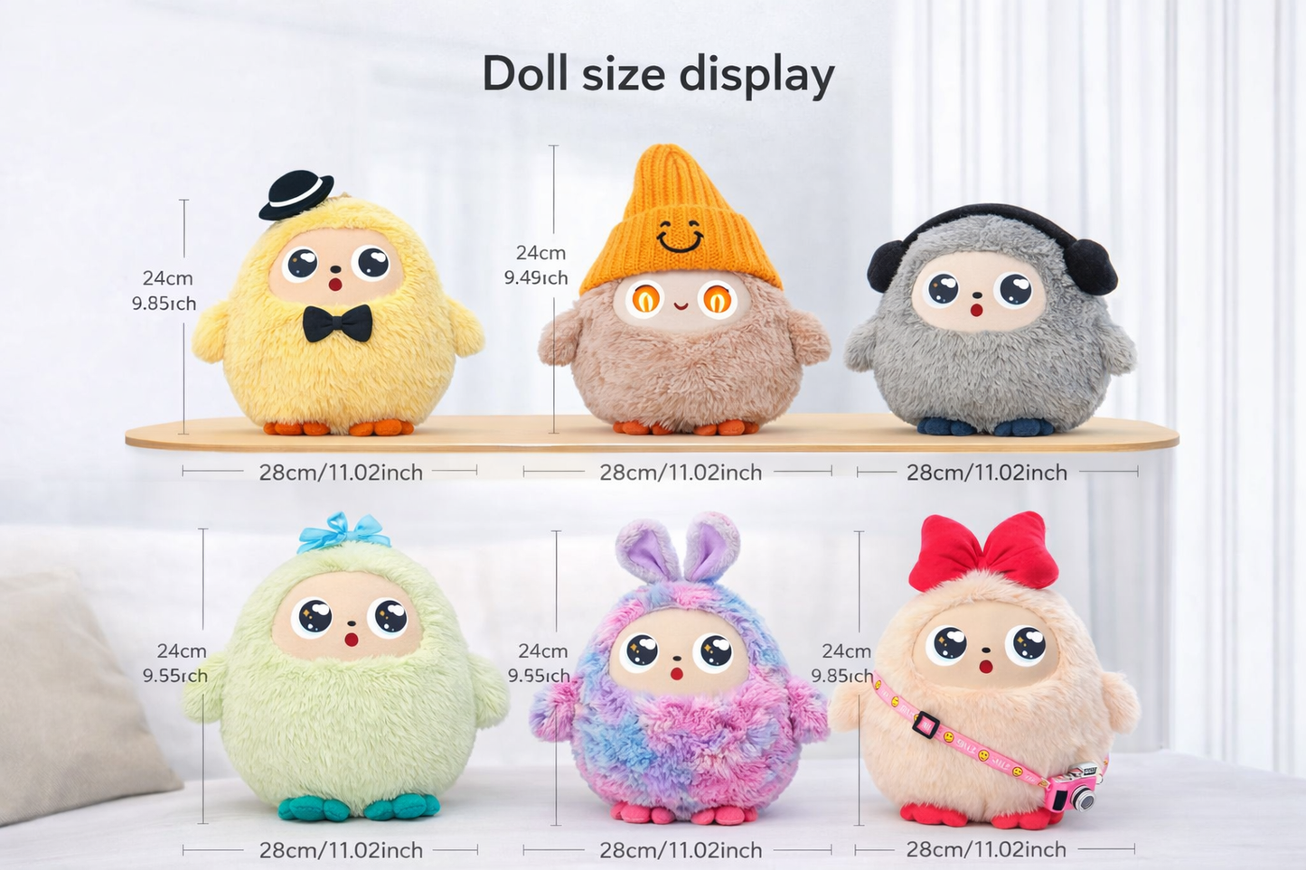 AI plush toy size display showing different variants with measurements for accurate sizing and selection