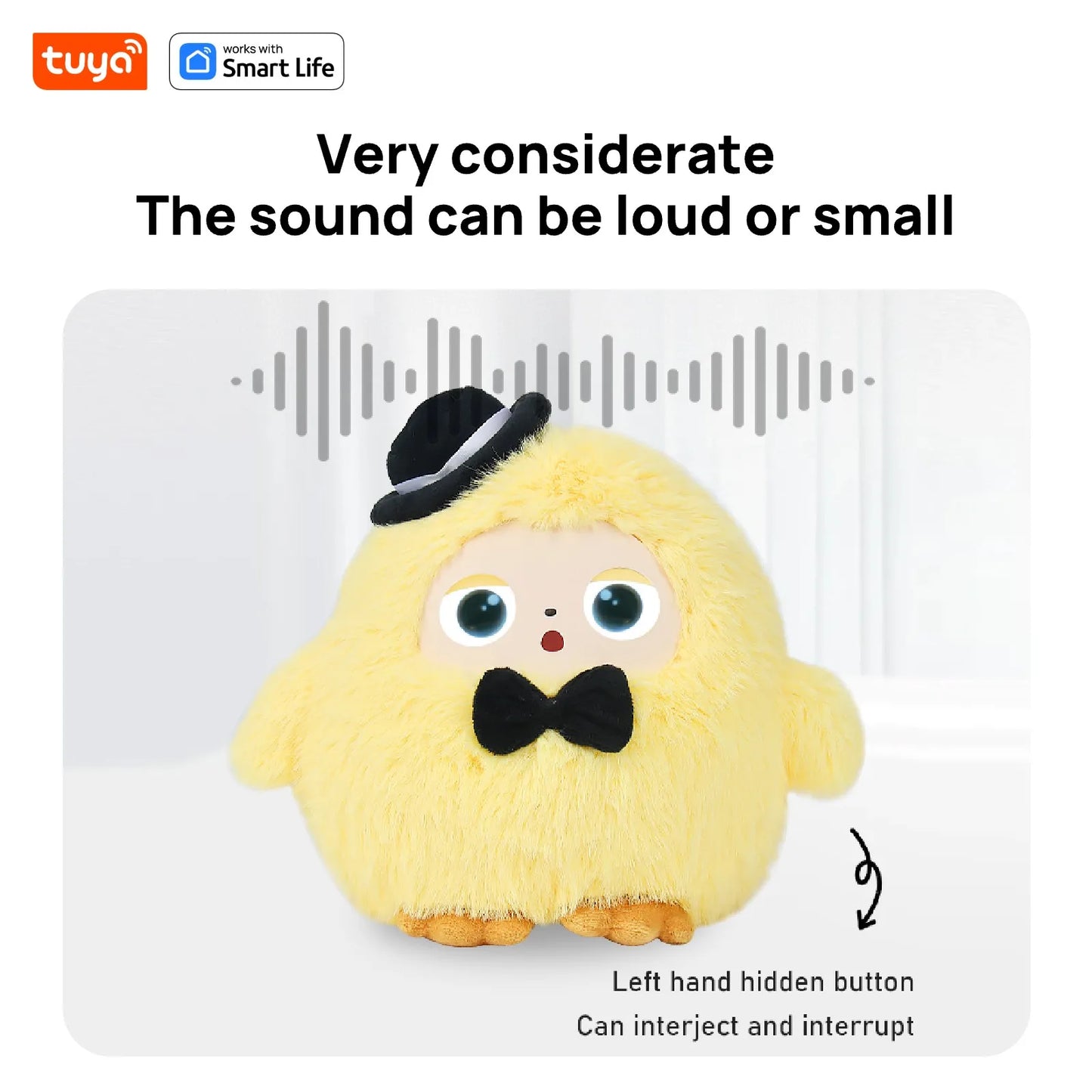 AI plush toy with adjustable sound control and interactive features designed for comfortable and customizable play