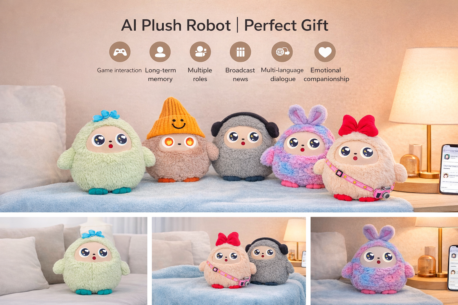 AI smart plush toy with LED eyes and interactive features displayed as a cute emotional companion gift for kids and adults