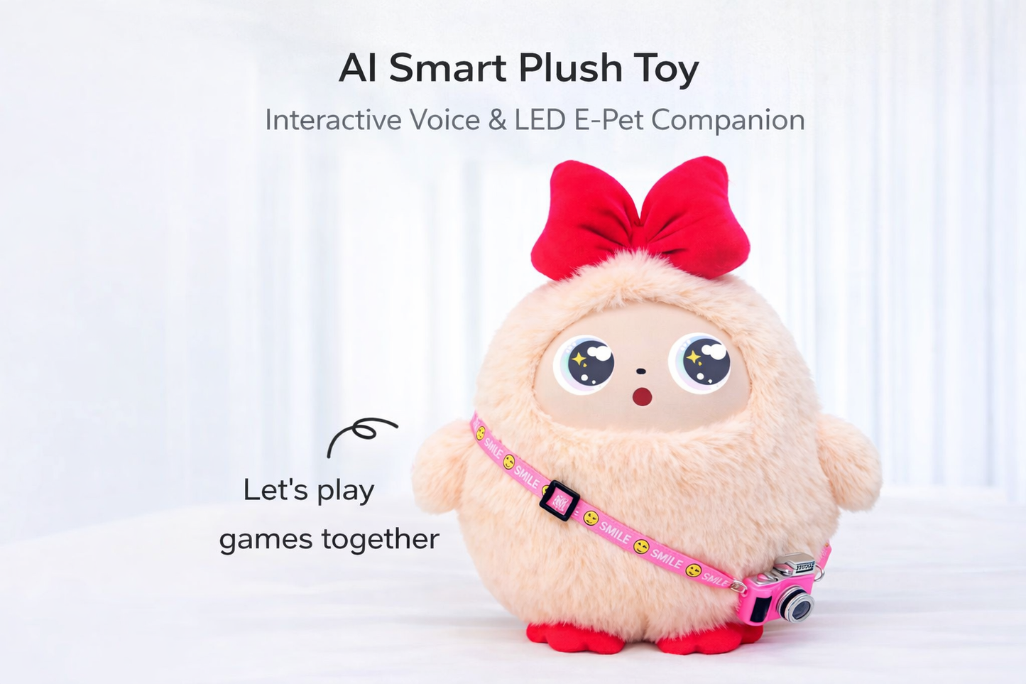 AI smart plush toy with LED eyes and interactive features designed as a cute emotional companion for kids and adults