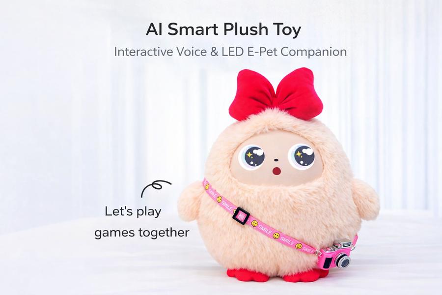 AI smart plush toy with LED eyes and interactive features designed as a cute emotional companion for kids and adults