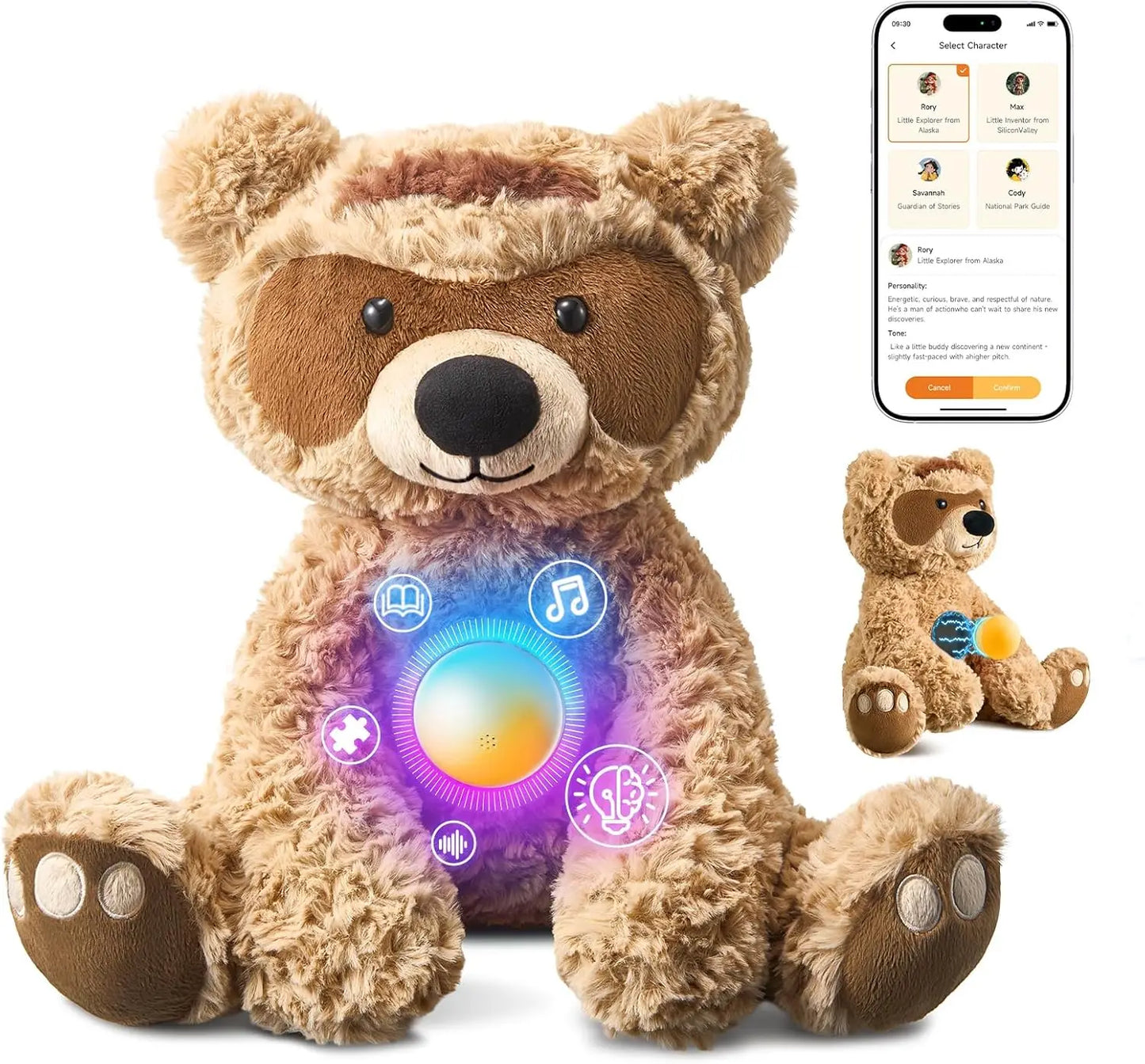 AI talking teddy bear with app control, voice interaction, lights and interactive features for kids