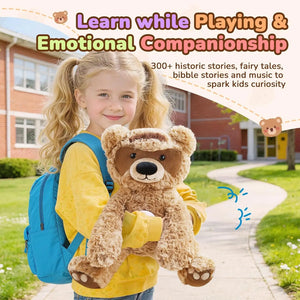 Child holding AI talking teddy bear for learning, storytelling and emotional companionship