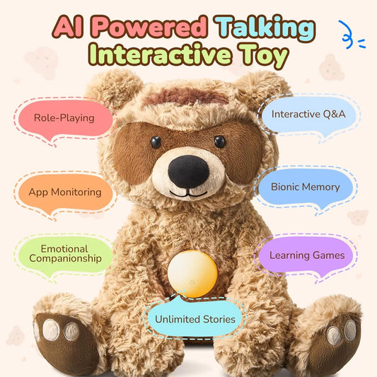 AI talking teddy bear interactive toy with learning games, storytelling, voice interaction and emotional support features