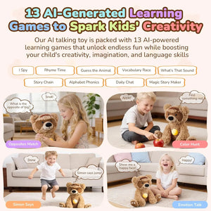 AI talking teddy bear with interactive learning games that support creativity, language skills and child development
