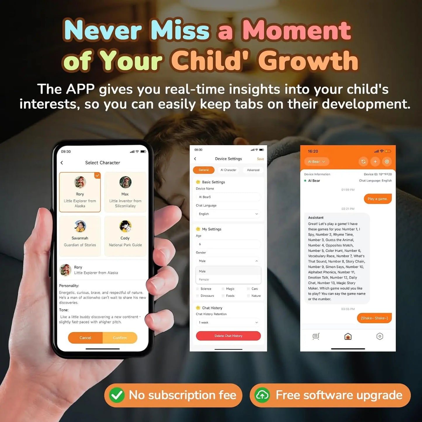 AI talking teddy bear app showing child activity tracking, learning insights and parental control features