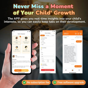AI talking teddy bear app showing child activity tracking, learning insights and parental control features