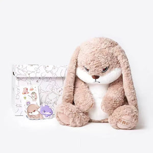 Close-up of the angry facial expression on a kawaii rabbit plush