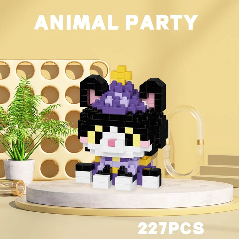 Cute black cat animal building block toy with purple hat, mini collectible puzzle figure for kids with 227 pieces
