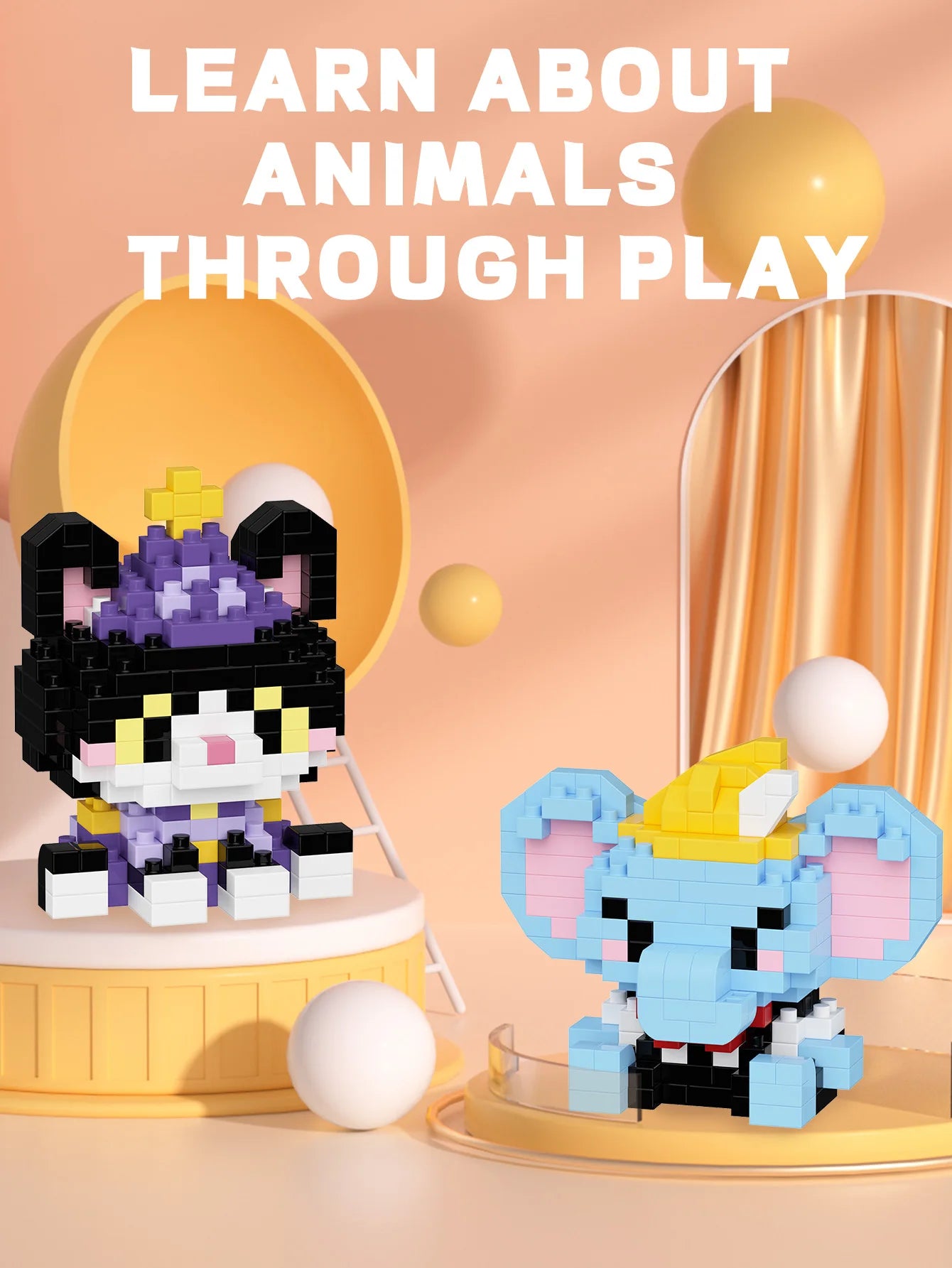 Cute animal building block toys for kids learning through play, mini elephant and character figures on display