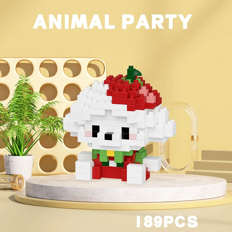 Cute bunny animal building block toy with strawberry hat, mini collectible puzzle figure for kids with 189 pieces