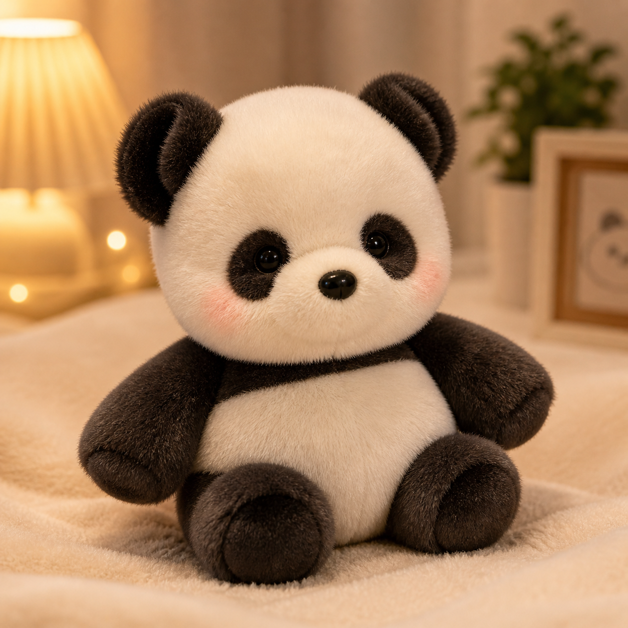 BaoBao Zoomies panda plush sitting on a cozy bed with warm lighting, showing a soft black and white stuffed animal for cuddles and comfort