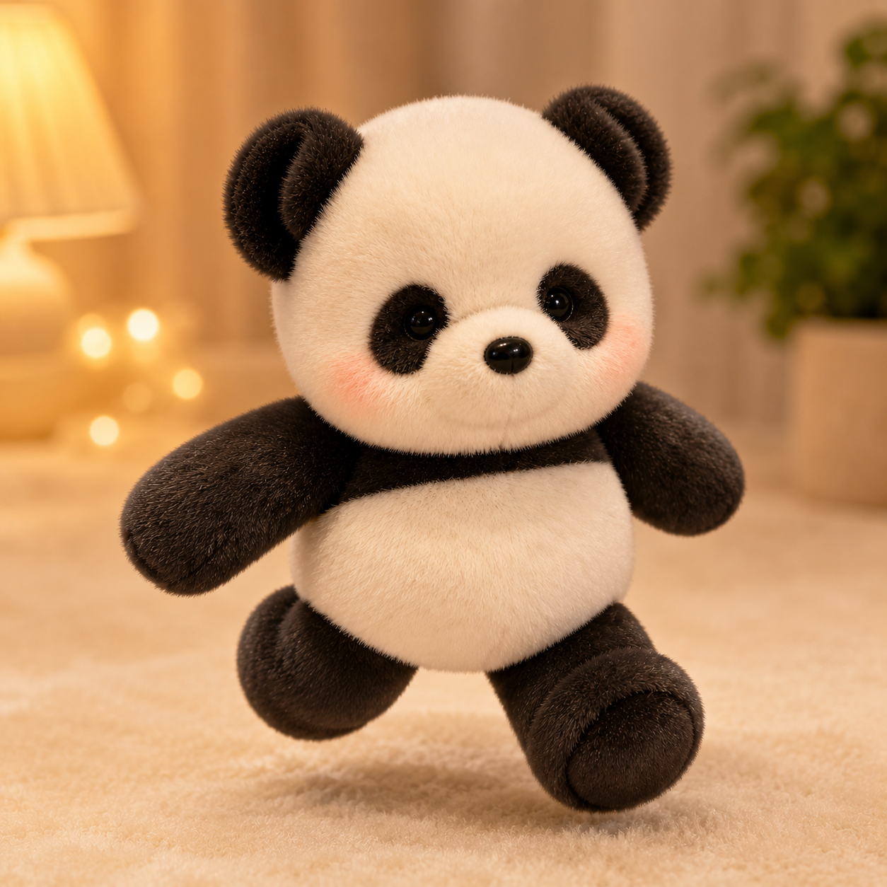 BaoBao Zoomies panda plush in a playful running pose on a cozy soft carpet, showing a cute black and white stuffed animal for fun, cuddles, and comfort