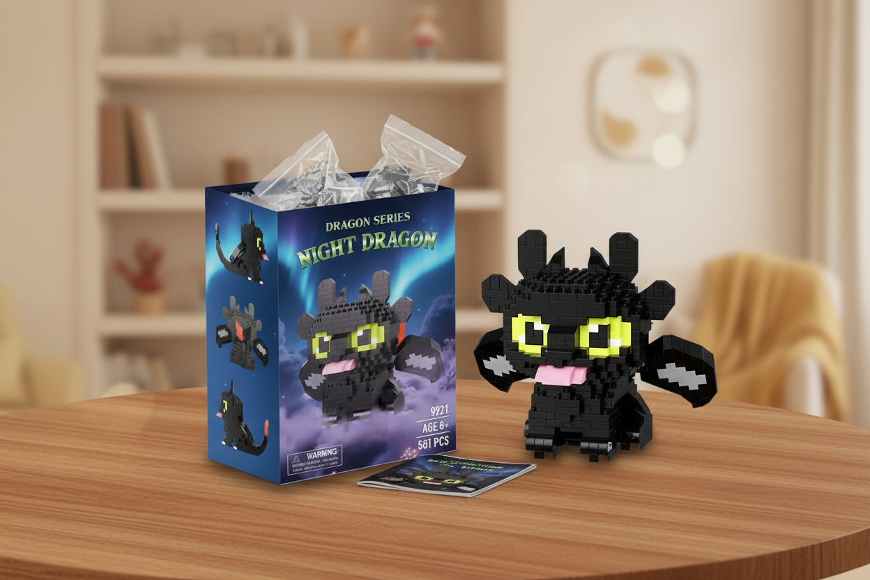 Black dragon micro building block figure displayed with its packaging box