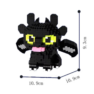 Front view of a black dragon micro building block figure with size display