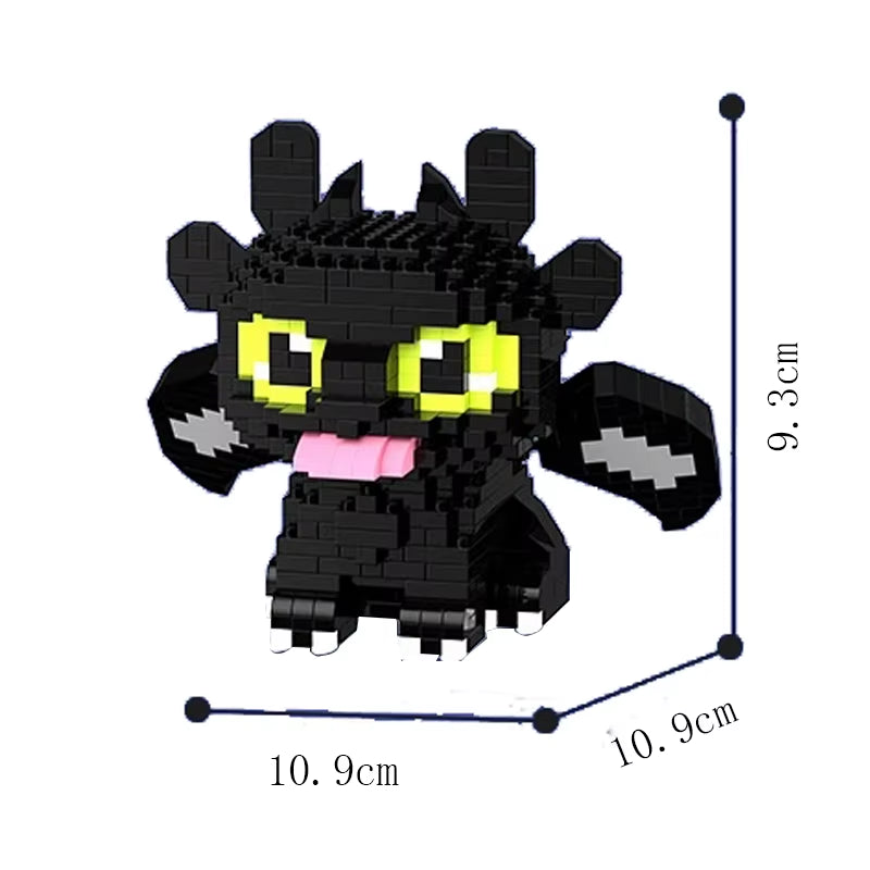 Front view of a black dragon micro building block figure with size display