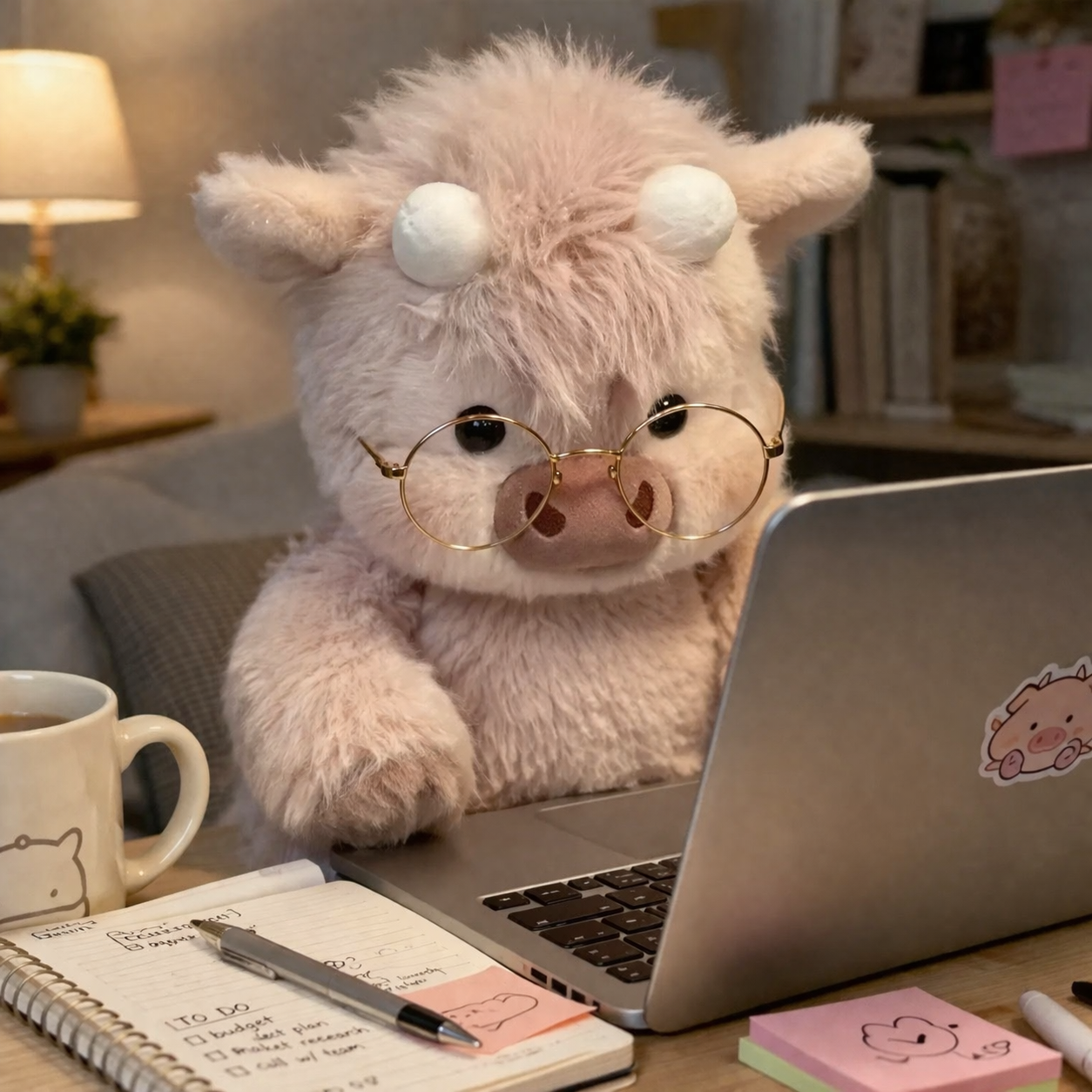 Blinky Zoomies plush pig wearing glasses working on a laptop at a desk, cute emotional support stuffed animal for stress and focus