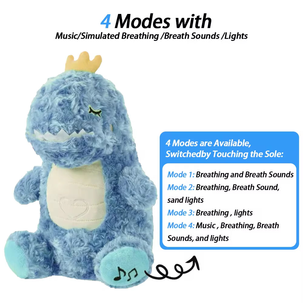 Blue dinosaur breathing plush toy with calming glow
