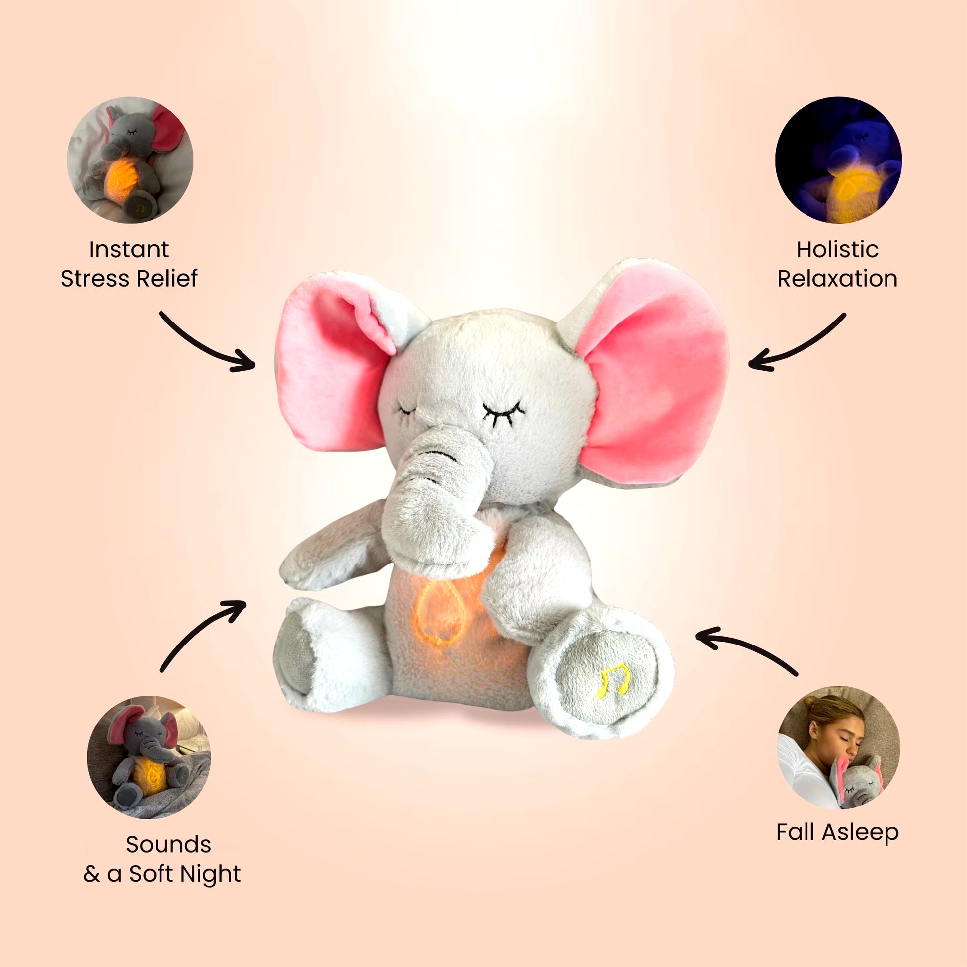 Breathing elephant plush toy displayed on a bed