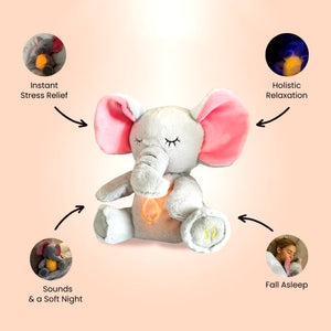 Breathing elephant plush toy displayed on a bed