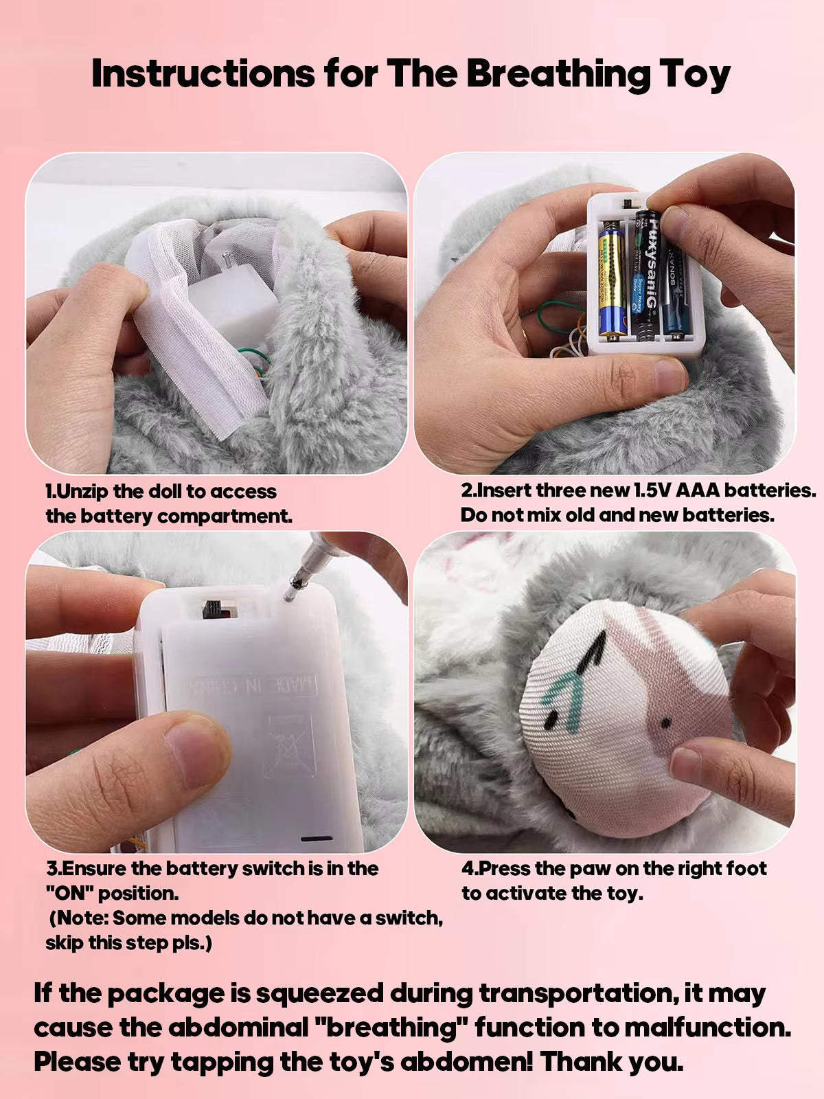 Instruction guide for using the breathing elephant plush toy