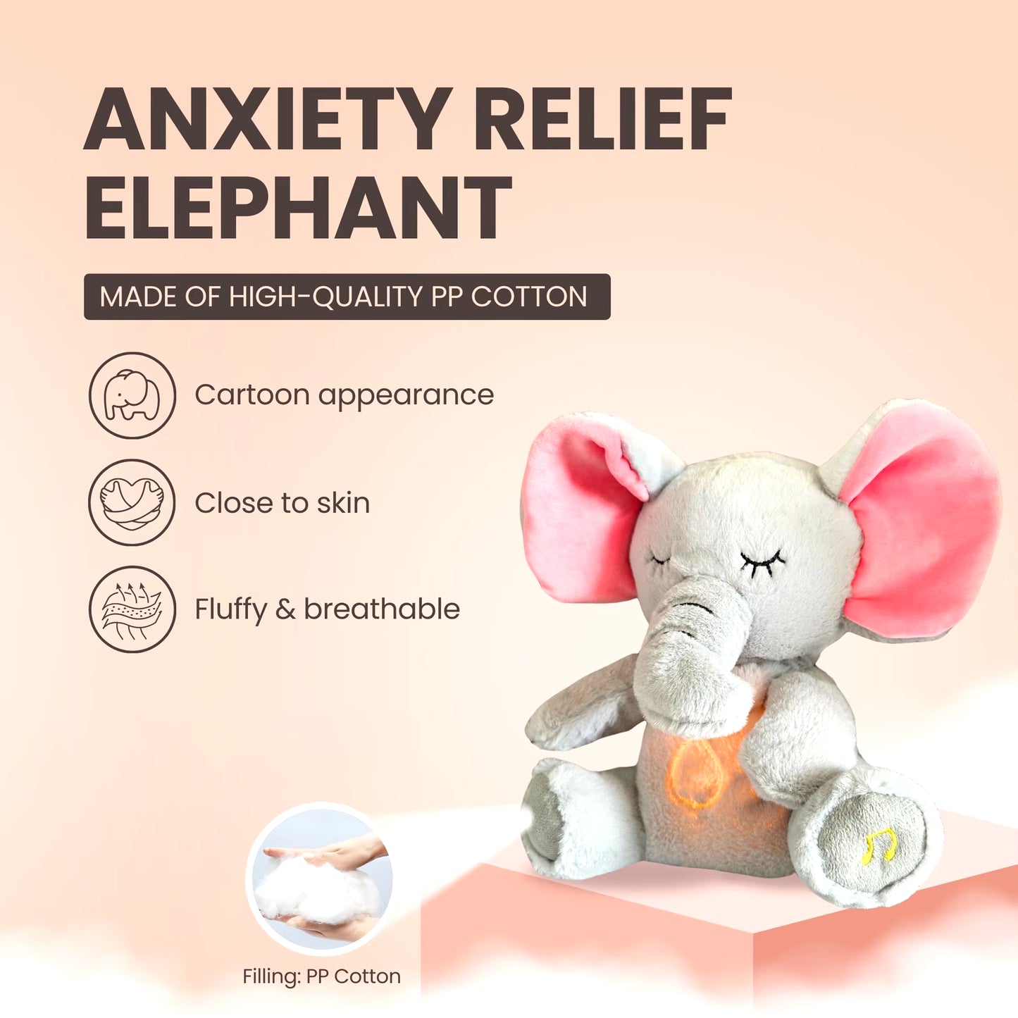 Breathing elephant plush showing soft PP cotton filling